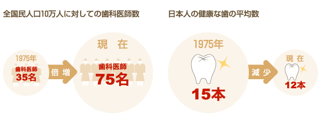 全国民人口10万人に対しての歯科医師数、日本人の健康

な歯の平均数の図